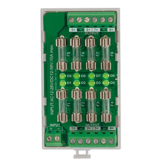 Carte multivoies rail DIN 3M 12-24V AC / 12-48V DC - 8 fusibles / 8 LEDs vertes