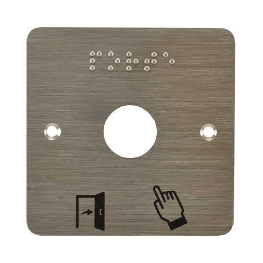 Plaque acier inoxydable 80 x 80 mm perçage diam. 19 mm braille PORTE + Picto